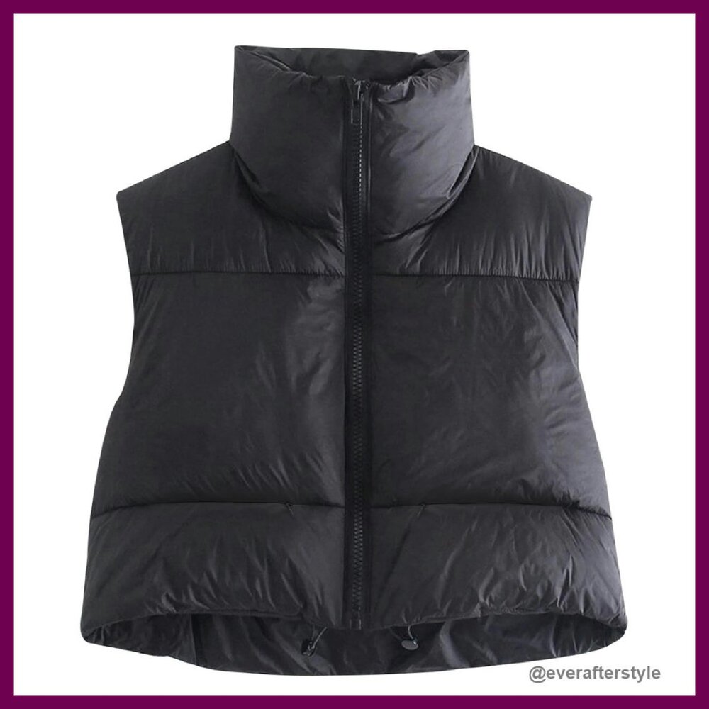 Winter Crop Puffer Vest Lightweight Stand Collar Zip Up Chic Outerwear